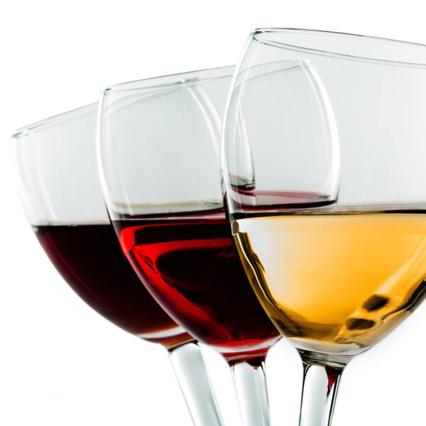 Three glasses of wine - white, rose and red